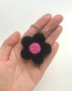 Black Needle Felt Flower Necklace 18"