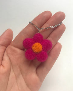 Magenta Needle Felt Flower Necklace 18"