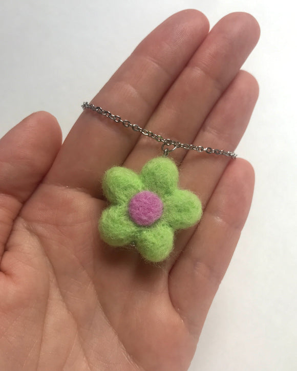 Green Needle Felt Flower Necklace Choker 16