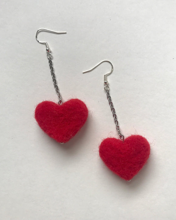 Red Heart Needle Felt Dangly Earrings