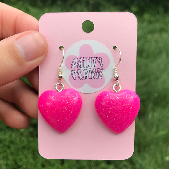 Sparkly Pink Resin Heart Earrings