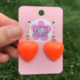 Sparkly Orange Resin Heart Earrings