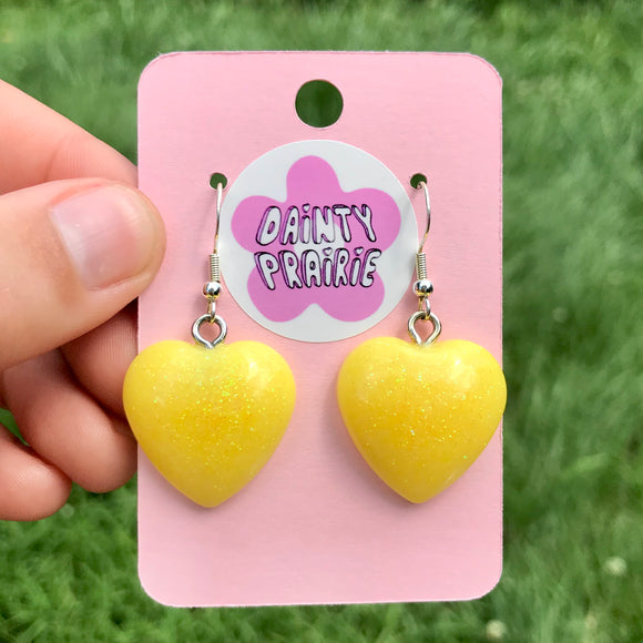 Sparkly Yellow Resin Heart Earrings