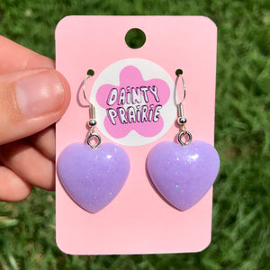 Sparkly Purple Resin Heart Earrings