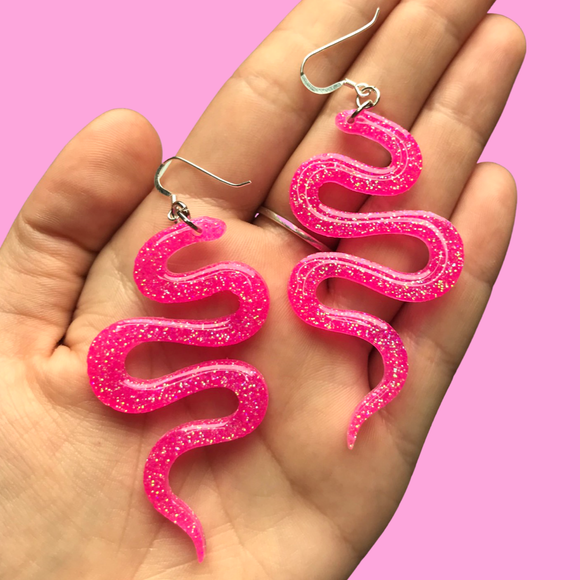 Sparkly Hot Pink Resin Snake Earrings