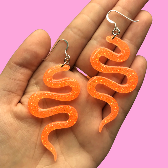 Sparkly Orange Resin Snake Earrings
