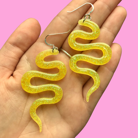 Sparkly Yellow Resin Snake Earrings