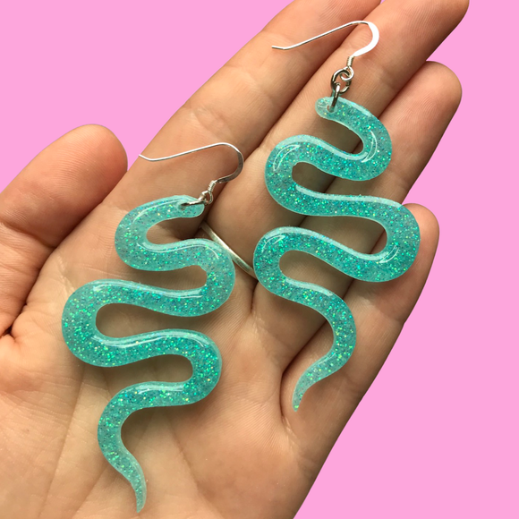 Sparkly Blue Resin Snake Earrings