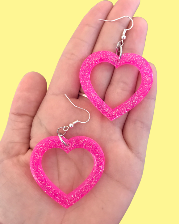 Sparkly Pink Resin Heart Earrings