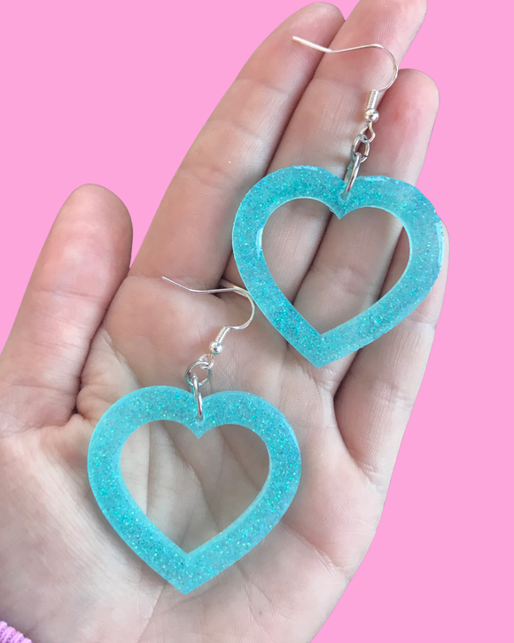 Sparkly Blue Resin Heart Earrings