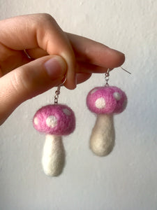 Pink Needle Felted Mushroom Earrings