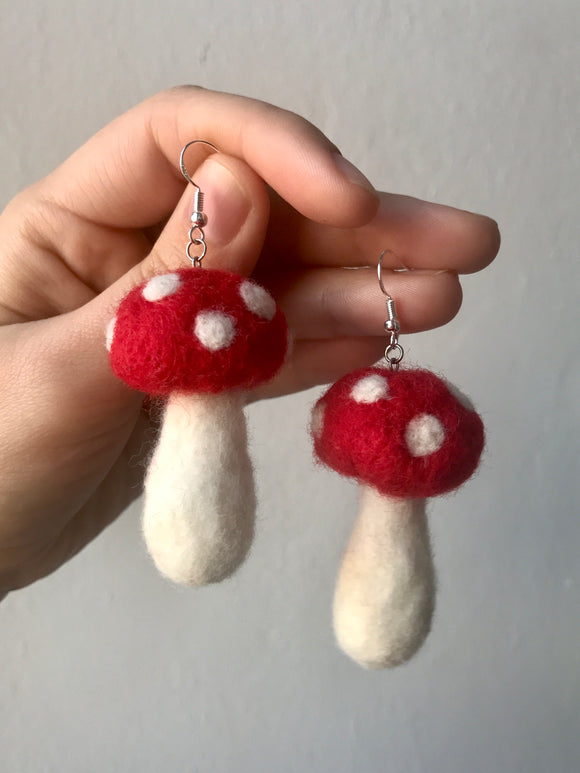 Red Needle Felted Mushroom Earrings