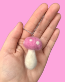 Pink Needle Felted Mushroom Necklace