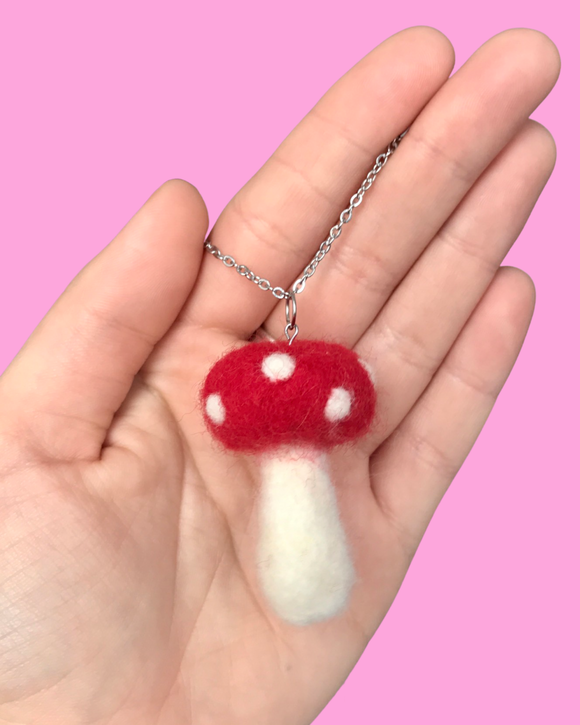 Red Needle Felted Mushroom Necklace