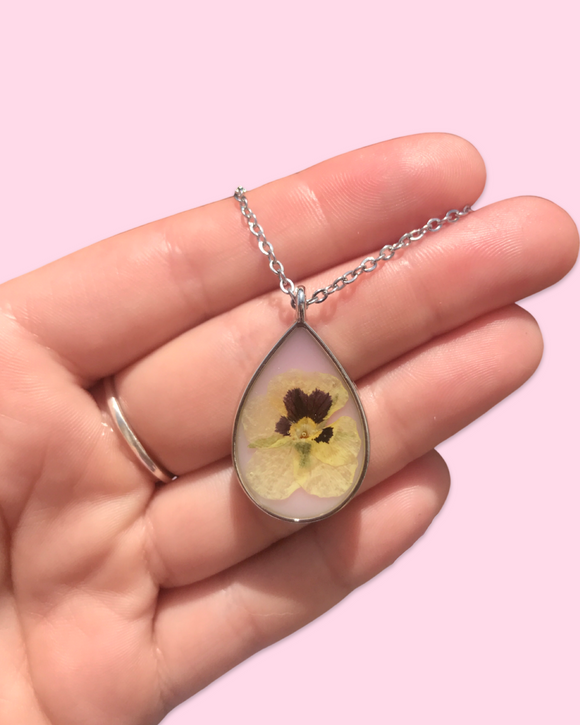 Pansy in Resin With Pink Necklace