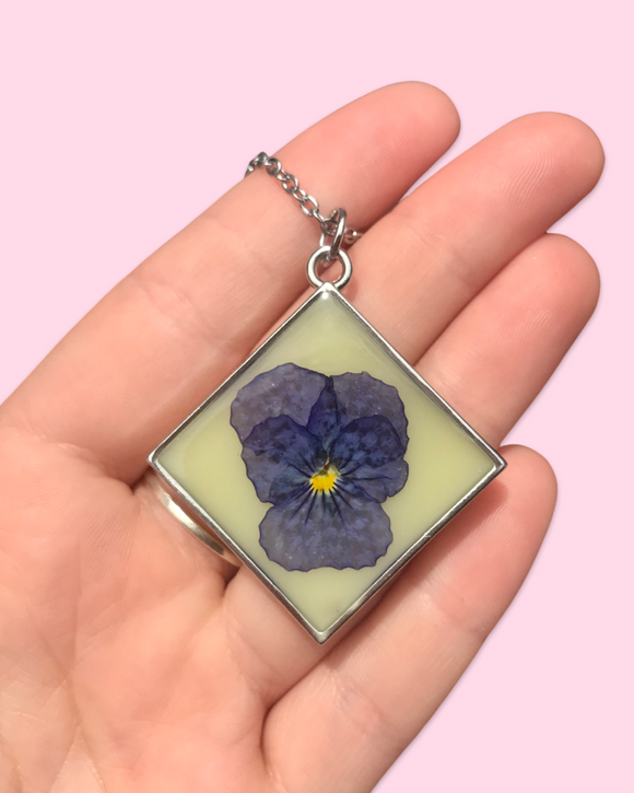 Pansy in Resin With Yellow Necklace